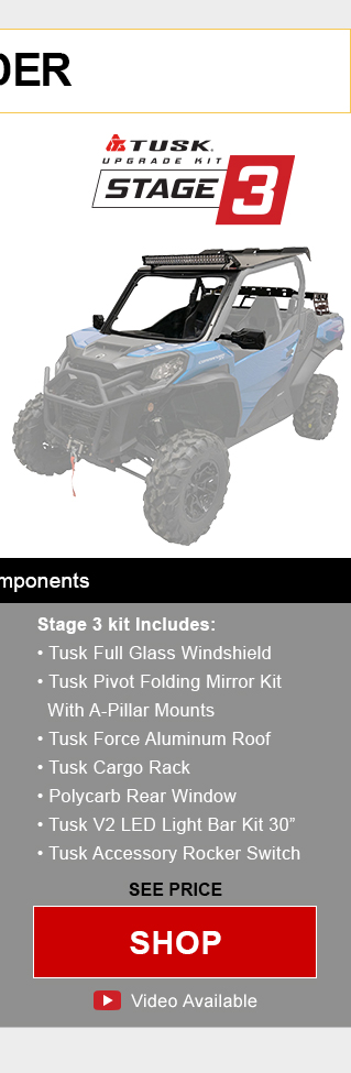 Tusk upgrade kit stage 2. Stage 2 kit includes, tusk full glass windshield, tusk pivot folding mirror kit with a-pillar mounts, tusk force aluminum roof, tusk cargo rack, and tusk polycarb rear window. Graphic of UTV highlighting mentioned parts installed. See price, link, shop. Install video available.