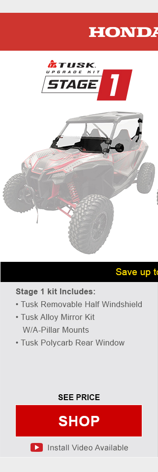 Honda Talon 1000R/X. Tusk upgrade kit, stage 1. Stage 1 kit includes, Tusk removable half windshield, tusk alloy mirror kit with a-pillar mounts, and tusk polycarb rear window. Graphic of UTV highlighting mentioned parts installed. See price, link, shop. Install video available.