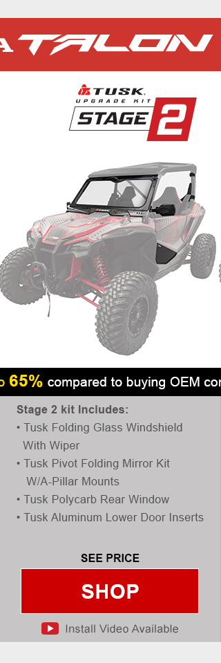 Tusk upgrade kit, stage 2. Stage 2 kit includes, tusk folding glass windshield with wiper, tusk pivot folding mirror kit with a-pillar mounts, tusk polycarb rear window, and tusk aluminum lower door inserts. Graphic of UTV highlighting mentioned parts installed. See price, link, shop. Install video available.