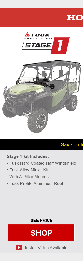 Honda pioneer 1000-5. Tusk upgrade kit, stage1. Stage 1 kit includes, tusk hard coated half windshield, tusk alloy mirror kit with a-pillar mounts, and tusk profile aluminum roof. Graphic of UTV highlighting mentioned parts installed. See price, link, shop. Install video available.