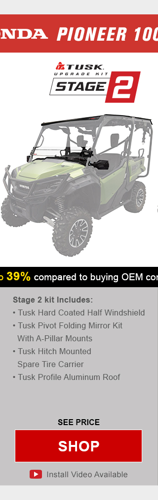 Tusk upgrade kit, stage 2. Stage 2 kit includes, tusk hard coated half windshield, tusk pivot folding mirror kit with a-pillar mounts, tusk hitch mounted spare tire carrier, and tusk profile aluminum roof. Graphic of UTV highlighting mentioned parts installed. See price, link, shop. Install video available.