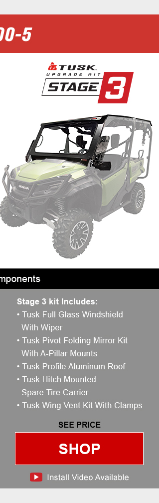 Tusk upgrade kit, stage 3. Stage 3 kit includes, tusk full glass windshield with wiper, tusk pivot folding mirror kit with a-pillar mounts, tusk profile aluminum roof, tusk hitch mounted spare tire carrier, and tusk wing vent kit with clamps. Graphic of UTV highlighting mentioned parts installed. See price, link, shop. Install video available. Save up to 39 percent compared to buying OEM components.