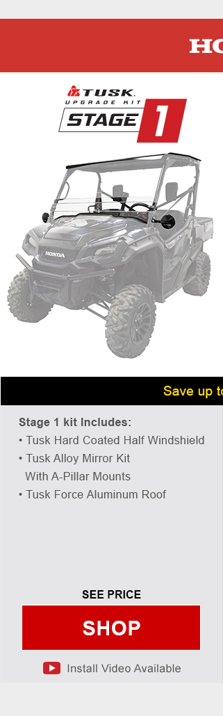 Honda Pioneer 1000. Tusk upgrade kit, stage 1. Stage 1 kit includes, tusk hard coated half windshield, tusk alloy mirror kit with a-pillar mounts, and tusk force aluminum roof. Graphic of UTV highlighting mentioned parts installed. See price, link, shop. Install video available.