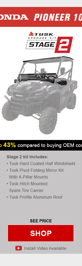 Tusk upgrade kit, stage 2. Stage 2 includes, tusk hard coated half windshield, tusk pivot folding mirror kit with a-pillar mounts, tusk hitch mounted spare tire carrier, and tusk profile aluminum roof. Graphic of UTV highlighting mentioned parts installed. See price, link, shop. Install video available.
