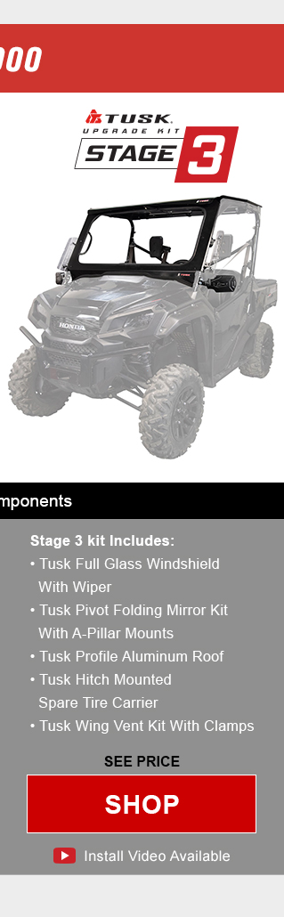 Tusk upgrade kit, stage 3. Stage 3 kit includes, tusk full glass windshield with wiper, tusk pivot folding mirror kit with a-pillar mounts, tusk profile aluminum roof, tusk hitch mounted spare tire carrier, and tusk wing vent kit with clamps. Graphic of UTV highlighting mentioned parts installed. See price, link, shop. Install video available. Save up to 43 percent compared to buying OEM components.