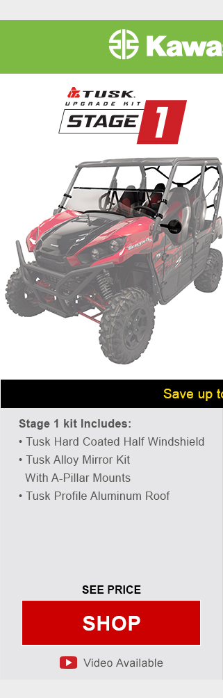 Kawasaki teryx 4 800. Tusk upgrade kit, stage 1. Stage 1 kit includes, tusk hard coated half windshield, tusk alloy mirror kit with a-pillar mounts, and tusk profile aluminum roof. Graphic of UTV highlighting mentioned parts installed. See price, link, shop. Install video available.
