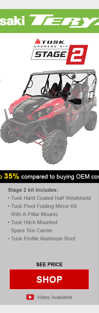 Tusk upgrade kit, stage 2. Stage 2 kit includes, tusk hard coated half windshield, tusk pivot folding mirror kit with a-pillar mounts, tusk hitch mounted spare tire carrier, and tusk profile aluminum roof. Graphic of UTV highlighting mentioned parts installed. See price, link, shop. Install video available.
