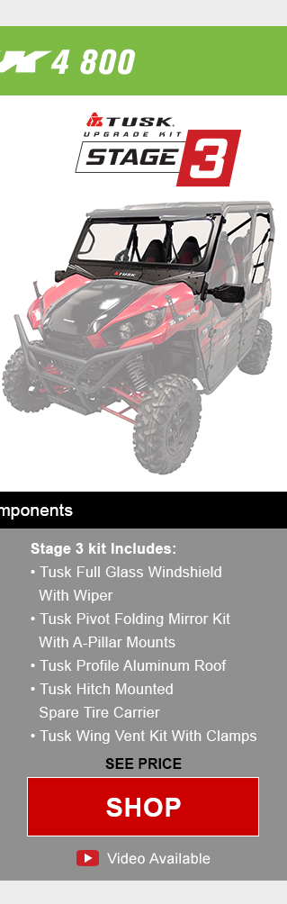 Tusk upgrade kit, stage 3. Stage 3 kit includes, tusk full glass windshield with wiper, tusk pivot folding mirror kit with a-pillar mounts, tusk profile aluminum roof, tusk hitch mounted spare tire carrier, and tusk wing vent kit with clamps. Graphic of UTV highlighting mentioned parts installed. See price, link, shop. Install video available. Save up to 35 percent compared to buying OEM components.