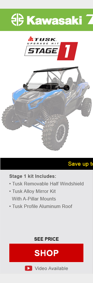 Kawasaki teryx krx 1000. Tusk upgrade kit, stage 1. Stage 1 kit includes, tusk removable half windshield, tusk alloy mirror kit with a-pillar mounts, and tusk profile aluminum roof. Graphic of UTV highlighting mentioned parts installed. See price, link, shop. Install video available.