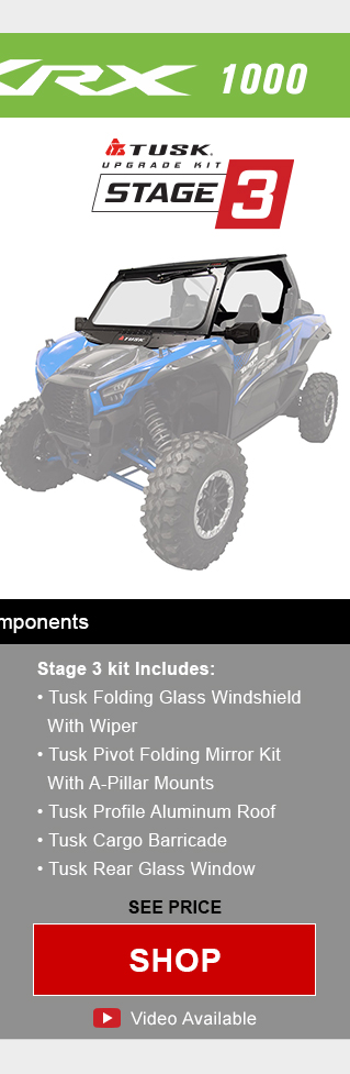 Tusk upgrade kit , stage 3. Stage 3 kit includes, tusk folding glass windshield with wiper, tusk pivot folding mirror kit with a-pillar mounts, tusk profile aluminum roof,  tusk cargo barricade, and tusk rear glass window. Graphic of UTV highlighting mentioned parts installed. See price, link, shop. Install video available. Save up to 56 percent compared to buying OEM components.