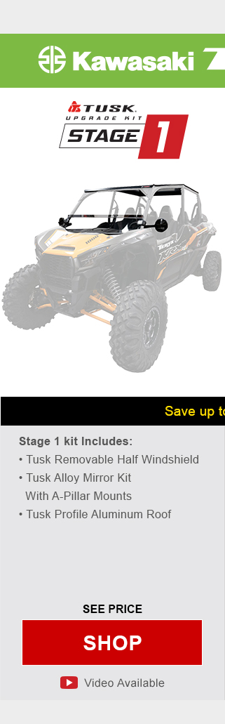 Kawasaki Teryx KRX4 1000 ES. Tusk upgrade kit, stage 1. Stage 1 kit includes, tusk removable half windshield, tusk alloy mirror kit with a-pillar mounts, and tusk profile aluminum roof. Graphic of UTV highlighting mentioned parts installed. See price, link, shop. Install video available.
