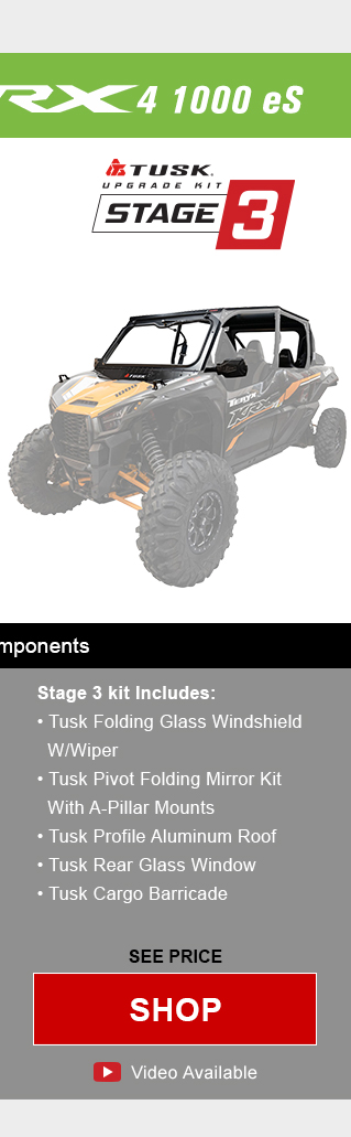 Tusk upgrade kit, stage 3. Stage 3 kit includes, tusk folding glass windshield with wiper, tusk pivot folding mirror kit with a-pillar mounts, tusk profile aluminum roof, tusk rear glass window, and tusk cargo barricade. Graphic of UTV highlighting mentioned parts installed. See price, link, shop. Install video available. Save up to 63 percent compared to buying OEM components. 