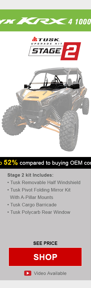 Tusk upgrade kit, stage 2. Stage 2 kit includes, tusk removable half windshield, tusk pivot folding mirror kit with a-pillar mounts, tusk cargo barricade, and tusk polycarb rear window. Graphic of UTV highlighting mentioned parts installed. See price, link, shop. Install video available.