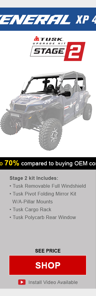 Tusk upgrade kit, stage 2. Stage 2 kit includes, tusk removable full windshield, tusk pivot folding mirror kit with a-pillar mounts, tusk cargo rack, and tusk polycarb rear window. Graphic of UTV highlighting mentioned parts installed. See price, link, shop. Install video available. 