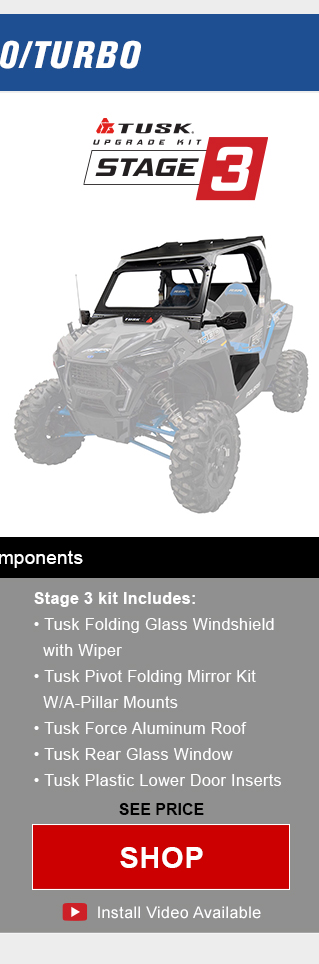 Tusk upgrade kit, stage 3. Stage 3 kit includes, tusk folding glass windshield with wiper. Tusk pivot folding mirror kit with a-pillar mounts, tusk force aluminum roof, tusk rear glass window, tusk plastic lower door inserts. Graphic of UTV highlighting mentioned parts installed. See price, link, shop. Install video available. Save up to 48 percent compared to buying OEM components. 