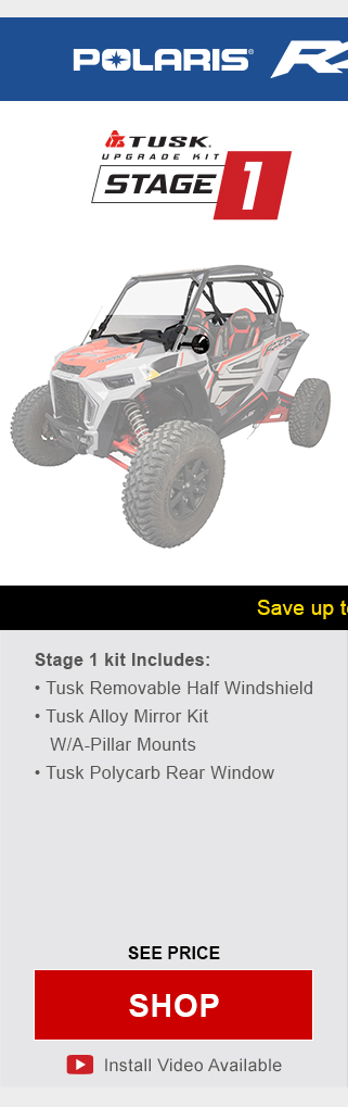 Polaris RZR XP turbo s/xp 4 turbo s. Tusk upgrade kit stage 1. Stage 1 kit includes, tusk removable half windshield, tusk alloy mirror kit with a-pillar mounts, and tusk polycarb rear window. Graphic of UTV highlighting mentioned parts installed. See price, link, shop. Install video available.