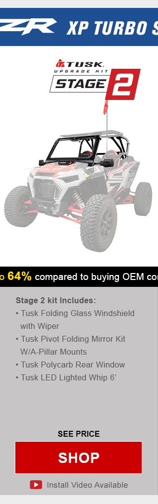 Tusk upgrade kit, stage 2, Stage 3 kit includes, tusk folding glass windshield with wiper, tusk pivot folding mirror kit with a-pillar mounts, tusk polycarb rear window, and tusk LED lightened whip 6 inch. Graphic of UTV highlighting mentioned parts installed. See price, link, shop. Install video available.
