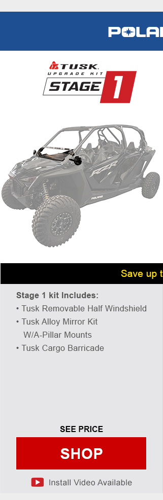 Polaris, RZR pro XP 4. Tusk upgrade kit, stage 1. Stage one kit includes, tusk removable half windshield, tusk alloy mirror kit with a-pillar mounts, and tusk cargo barricade. Graphic of UTV highlighting mentioned parts installed. See price, link, shop. Install video available.