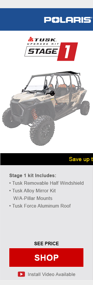 Polaris RZR, XP 4 1000/turbo. Tusk upgrade kit, stage 1. Stage 1 kit includes, tusk removable half windshield, tusk alloy mirror kit with a-pillar mounts, and tusk force aluminum roof. Graphic of UTV highlighting mentioned parts installed. See price, link, shop. Install video available.