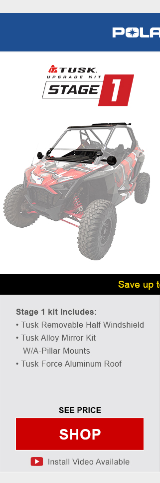 Polaris RZR pro xp. Tusk upgrade kit, stage 1. Stage 1 kit includes, tusk removable half windshield, tusk alloy mirror kit with a-pillar mounts, and tusk force aluminum roof. Graphic showing mentioned parts on a UTV. See price, link shop. Install video available.