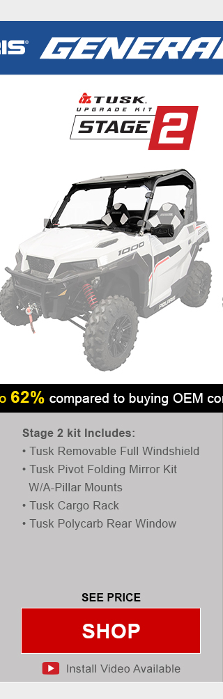 Tusk upgrade kit, stage 2. Stage 2 kit includes, tusk removable full windshield, tusk pivot folding mirror kit with a-pillar mounts, tusk cargo rack, and tusk polycarb rear window. Graphic of UTV highlighting mentioned parts installed. See price, link, shop. Install video available.