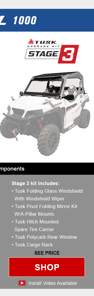 Tusk upgrade kit, stage 3. Stage 3 kit includes, tusk glass windshield with windshield wiper, tusk pivot folding mirror kit with a-pillar mounts, tusk hitch mounted spare tire carrier, tusk polycarb rear window, and tusk cargo rack. Graphic of UTV highlighting mentioned parts installed. See price, link, shop. Install video available. Save up to 62 percent compared to buying OEM components.