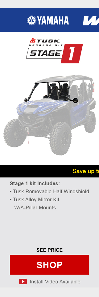 Yamaha Wolverine. Tusk upgrade kit, stage 1. Stage 1 kit includes, tusk removable half windshield, and tusk alloy mirror kit with a-pillar mounts. Graphic of UTV highlighting mentioned parts installed. See price, link, shop. Install video available.