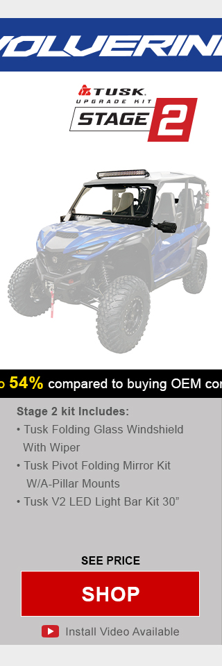 Tusk upgrade kit stage 2. Stage 2 kit includes, tusk removable half windshield, tusk alloy mirror kit with a-pillar mounts, and tusk v2 LED light bar kit 30 inches. Graphic of UTV highlighting mentioned parts installed. See price, link, shop. Install video available.