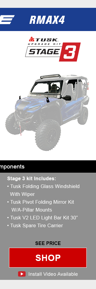 Tusk upgrade kit stage 2. Stage 2 kit includes, tusk removable half windshield, tusk alloy mirror kit with a-pillar mounts, tusk v2 LED light bar kit 30 inches, and tusl spare tire carrier. Graphic of UTV highlighting mentioned parts installed. See price, link, shop. Install video available.