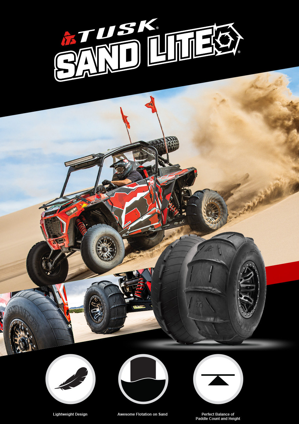 Tusk Sand Lite UTV Tires, Lightweight Design, Awesome Flotation on Sand, Perfect Balance of Paddle Count and Height, a Polaris RZR XP 1000 coming down a sand dune with a closeup shot of the front and rear tires.