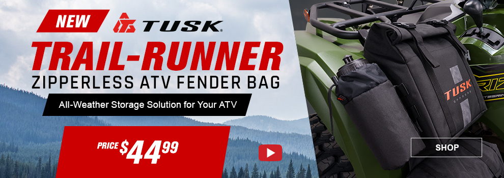 New, Tusk Trail-Runner Zipperless ATV Fender Bag, All-Weather storage solution for your ATV, Price $44 and 99 cents, video, a closeup of the bag attached to an ATV fender, link, shop