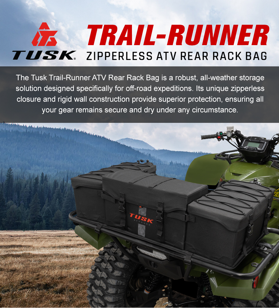 New, Tusk Trail-Runner Zipperless ATV Rear Rack Bag, The Tusk Trail-Runner ATV Rear Rack Bag is a robust, all-weather storage solution designed specifically for off-road expeditions. Its unique zipperless closure and rigid wall construction provide superior protection, ensuring all your gear remains secure and dry under any circumstance. a green Yamaha Grizzly with the bag installed on the rear rack, link