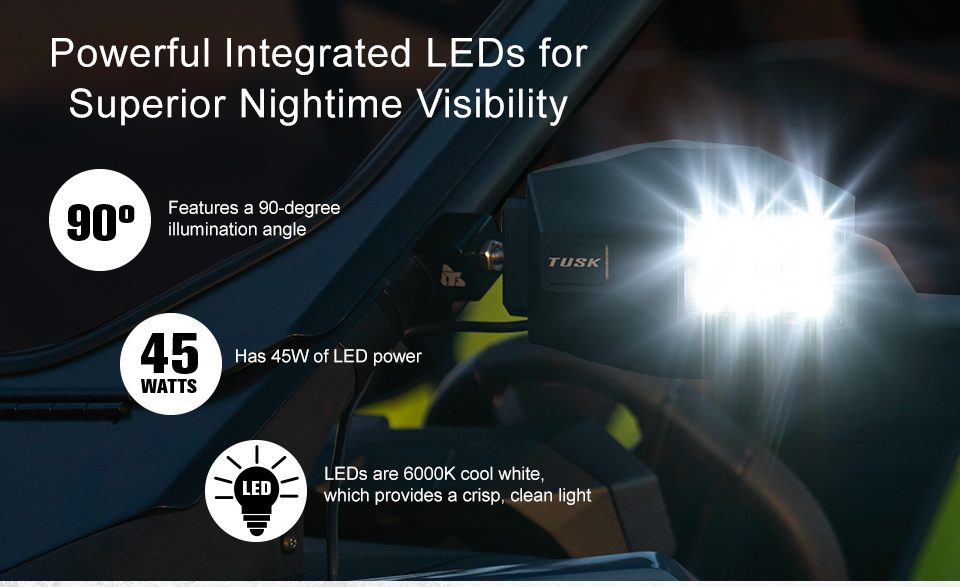 Powerful Integrated LEDs for Superior Nightime Visibility, Features a 90-degree illumination angle, Has 45W of LED power, LEDs are 6000K cool white, which provides a crisp, clean light, an image of the mirror installed on a machine with the mirror light turned on