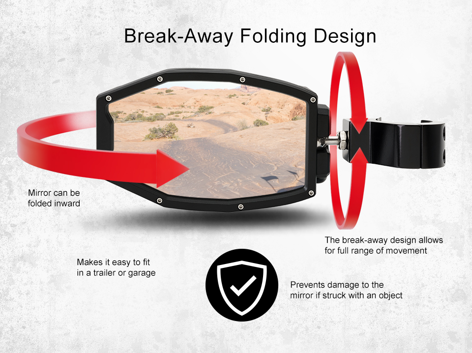 Break-Away Folding Design, mirror can be folded inward, the break-away design allows for full range of movement, makes it easy to fit in a trailer or garage, prevents damage to the mirror if struck with an object, a front view of the mirror with arrows showing how it adjusts
