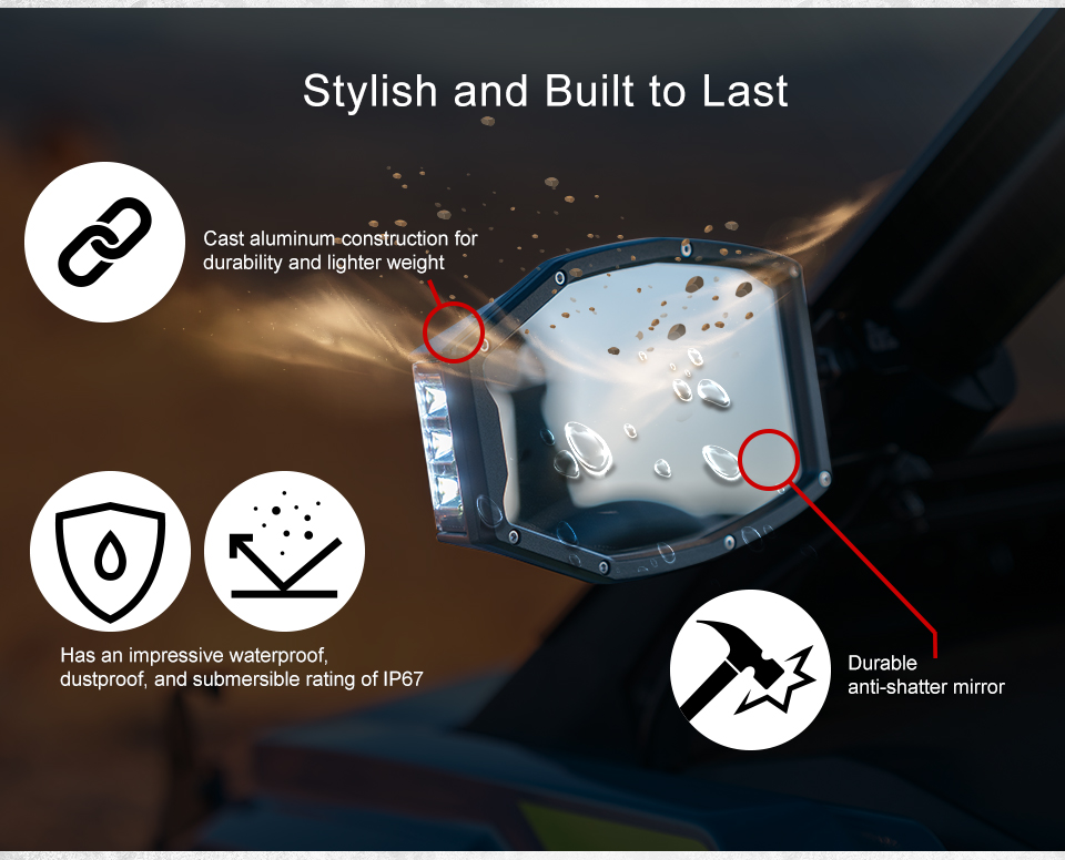 Stylish and Built to Last, cast aluminum construction for durability and lighter weight, Has an impressive waterproof,
	dustproof, and submersible rating of IP6, durable anti-shatter mirror, an image of the mirror installed on a machine with dirt, debris, and water bouncing off of it