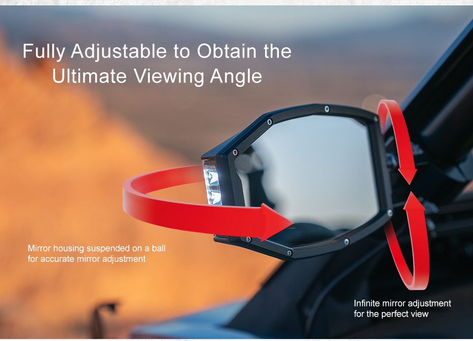 Fully Adjustable to Obtain the Ultimate Viewing Angle, Mirror housing suspended on a ball for accurate mirror adjustment, Infinite mirror adjustment for the perfect view, an image of the mirror installed on a machine with arrows showing the adjustment
