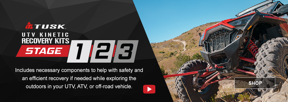 Tusk UTV Kinetic Recovery Kits, Stage 1, 2, 3, Includes necessary components to help with safety and an efficient recovery if needed while exploring the outdoors in your UTV, ATV, or off-road vehicle, video, a red Polaris RZR being pulled up a hill, link, shop