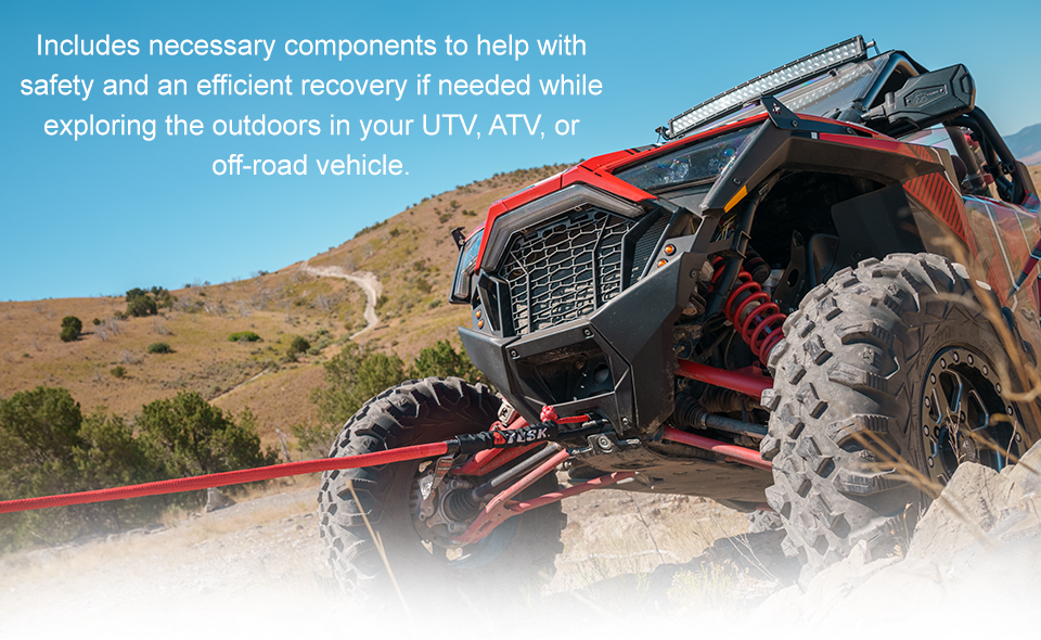 Includes necessary components to help with safety and an efficient recovery if needed while exploring the outdoors in your UTV, ATV, or off-road vehicle. a red Polaris RZR winching up a hill