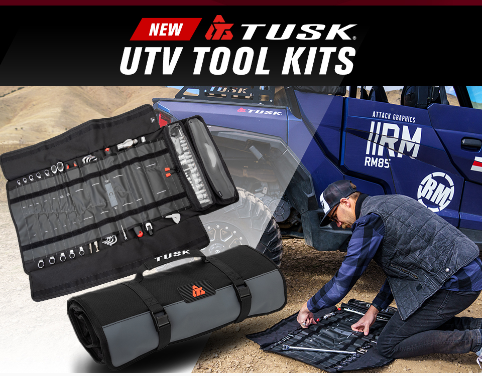 New Tusk UTV Tool Kit with Clutch Removal Tools, the Tool Roll rolled up along with a shot of it unrolled showing all of the tools within it, a man on his knees getting tools out of the kit with a Polaris General 4 in front of him