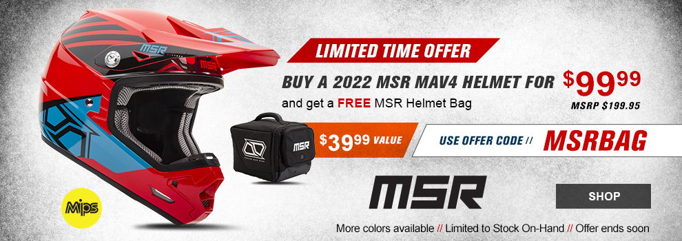 MSR Limited Time Offer, Buy a 2022 MSR Mav4 Helmet for $99 and 99 cents, MSRP $199 and 95 cents, and get a Free MSR Helmet Bag, $39 and 99 cent value, Use Offer Code MSRBAG, a red and blue Mav4 helmet with the MSR Helmet Bag off to the side, more colors available, Limited to stock on hand, offer ends soon, link, shop