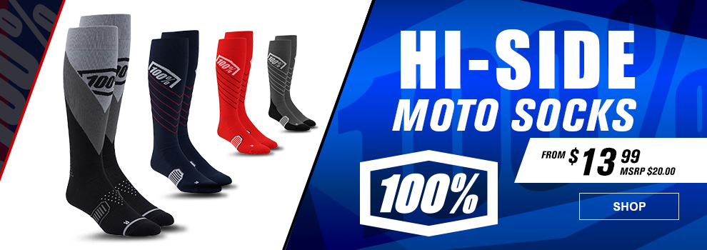 100 Percent Hi-Side Moto Socks, From $13 and 99 cents, MSRP $20, a collage of the Hi-Side Moto Socks, link, shop