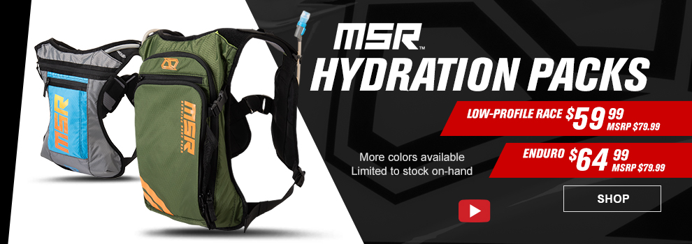 MSR Hydration Packs, Low-Profile Race $59 and 99 cents, MSRP $79 and 99 cents, Enduro $64 and 99 cents, MSRP $79 and 99 cents, the blue/orange low-profile race hydration pack along with the military/orange enduro hydration pack, more colors available, limited to stock on hand, video available, link, shop