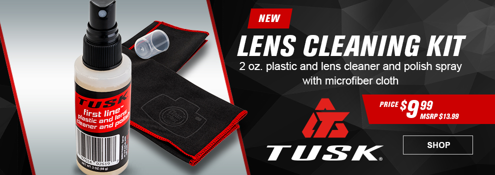 New, Tusk Lens Cleaning Kit, 2 ounce plastic and lens cleaner and polish spray with microfiber cloth, Price $9 and 99 cents, MSRP $13 and 99 cents, the cleaning kit, link, shop