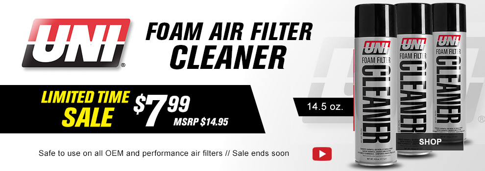 UNI Foam Air Filter Cleaner, Limited time sale seven dollars and ninety nine cents, MSRP fourteen dollars and ninety five cents, safe to use on all OEM and performance air filters, sale ends soon, fourteen point five ounces, SHOP button