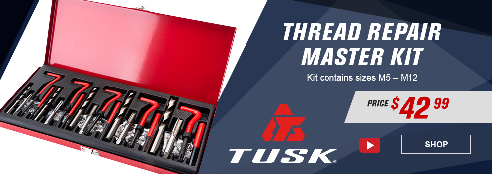 Tusk Thread Repair Master Kit, Kit contains sizes M5 to M12, price $42 and 99 cents, video, link, shop