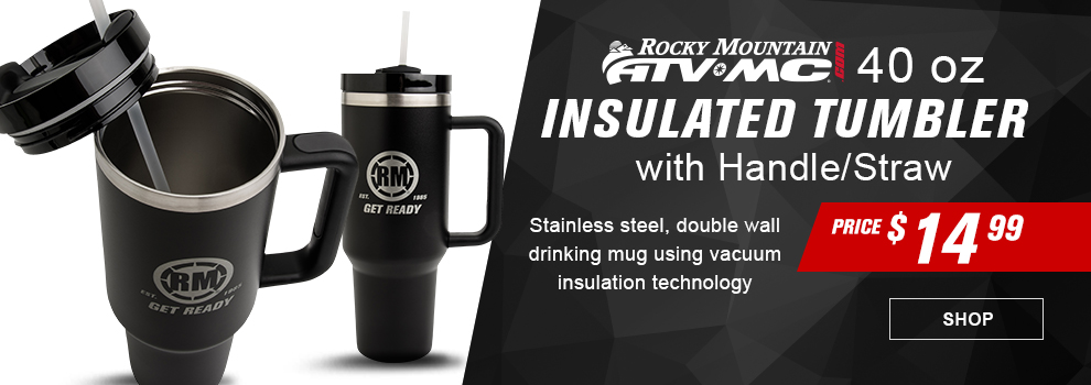 Rocky Mountain ATV MC 40-ounce Insulated Tumbler with Handle/Straw, Stainless steel, double wall drinking mug using vacuum insulation technology, price $14 and 99 cents, link