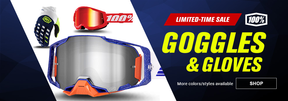 Limited-Time Sale, 100 Percent Goggles and Gloves, a collage of goggles and gloves, more colors and styles available, link, shop