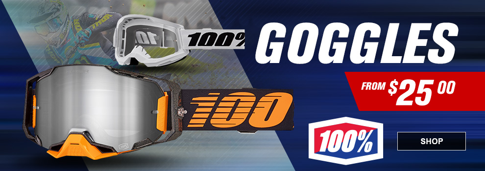 100 Percent Goggles, from $25, a pair of black/orange Armega goggles, along with a pair of white Strata 2 goggles, link, shop