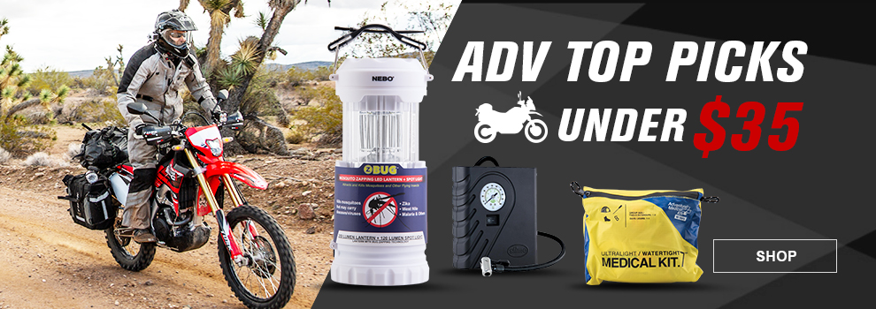 ADV Top Picks Under $35, a person riding a Honda CRF300L through the desert with the Nebo Z Bug Lantern, a Slime Compact Tire Inflator and an Adventure Medical Kit, link, shop