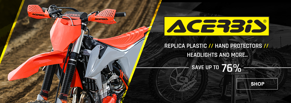 Acerbis, Replica plastic, hand protectors, headlights and more, save up to76 percent, a KTM dirt bike with Acerbis plastic and accessories on it, link, shop